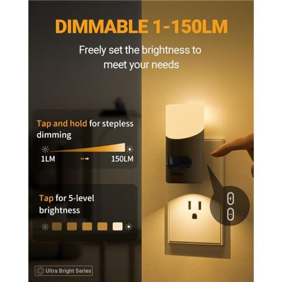 LED Night Lights Plug into Wall with Motion Sensor, 1-150LM Dimmable Plug-in - Picture 3 of 7